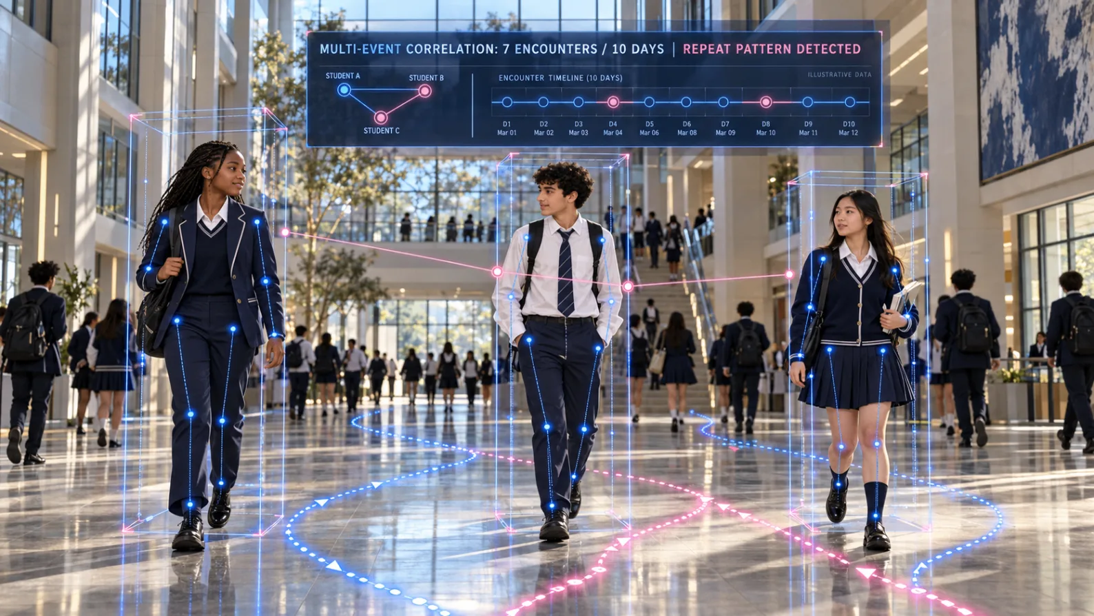 Students in a school atrium with an encounter timeline over ten days